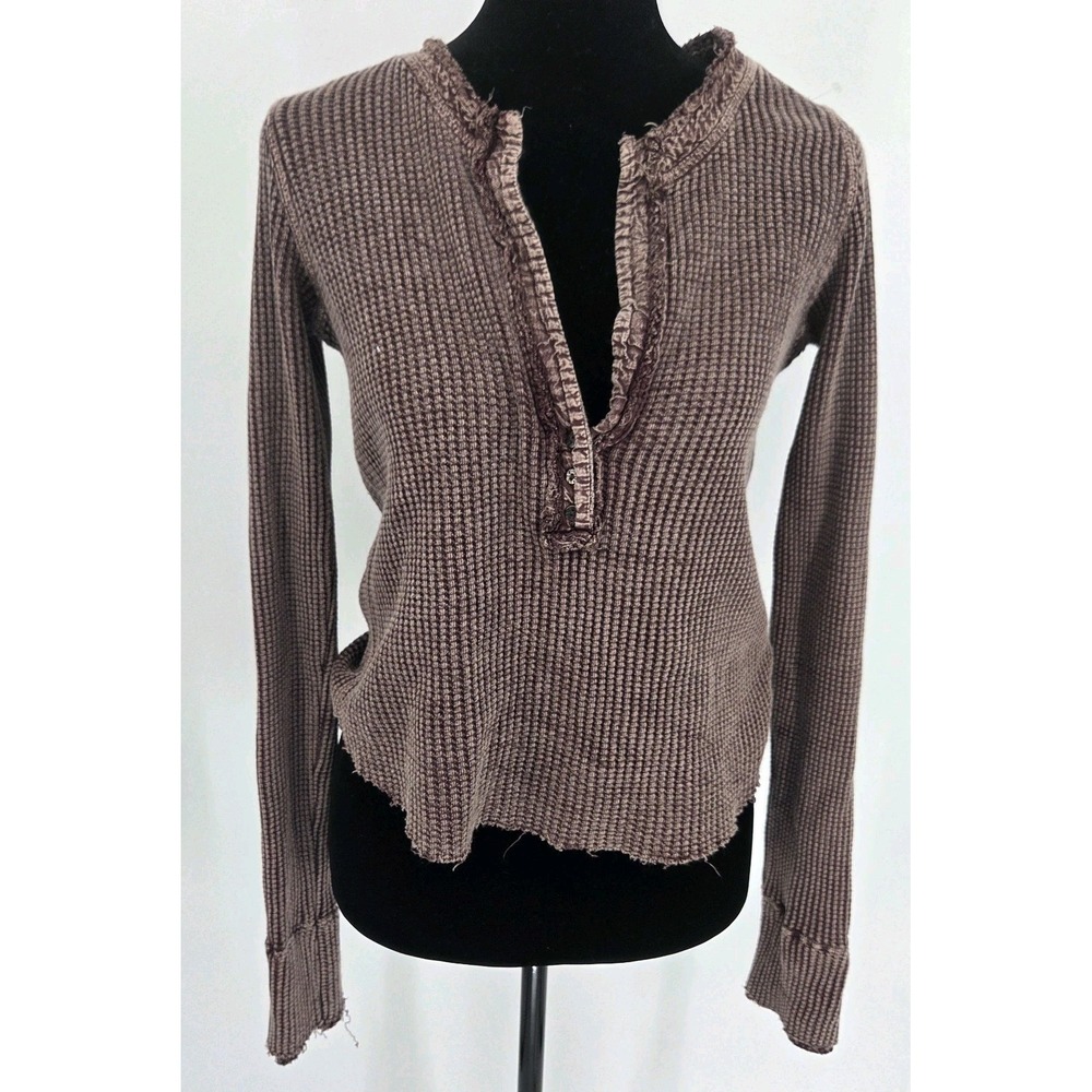 Free People One Colt Henley Top Small Thermal Waffle Weave Purple Raw Hem